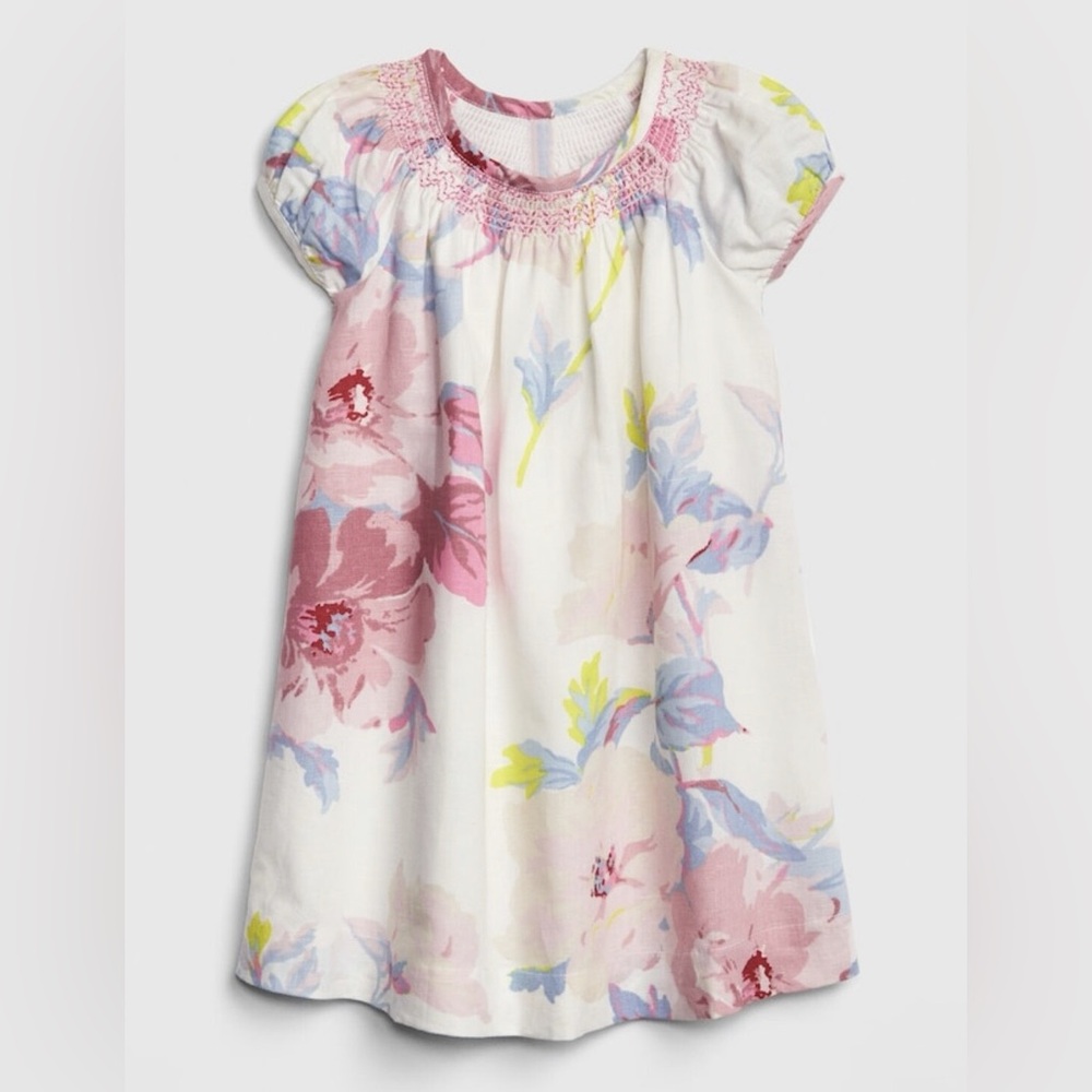 Baby Gap Floral Print Baby Dress New Girl Puff-Sleeve Dress Ivory 12-18M